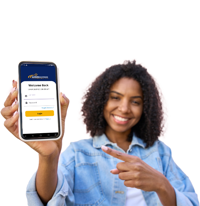 A woman with Europe Express mobile app